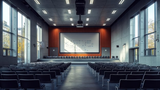 Empty auditorium with large windows and a projector screen photo