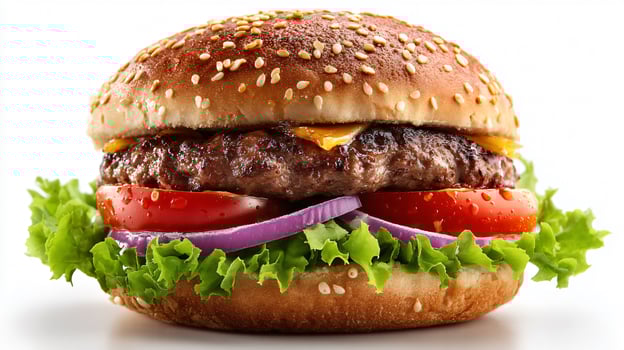 Delicious Juicy Hamburger on Sesame Seed Bun - Fresh and Tempting Burger photo