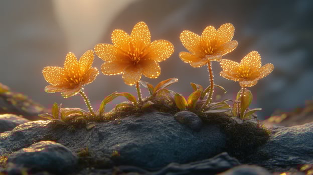 Three yellow flowers growing on rocks in the sun photo