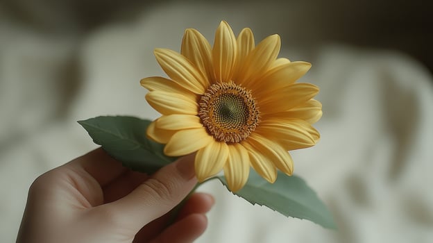 A hand holding a yellow sunflower photo
