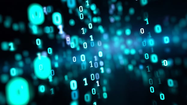Digital rain of binary code creates a futuristic atmosphere in a high-tech environment photo