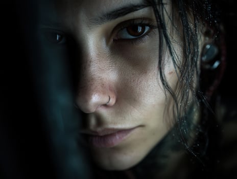 Mysterious close-up of a woman's face with intense gaze, nose ring, wet dark hair partially obscuring her features, and light freckles, creating a moody, enigmatic atmosphere photo
