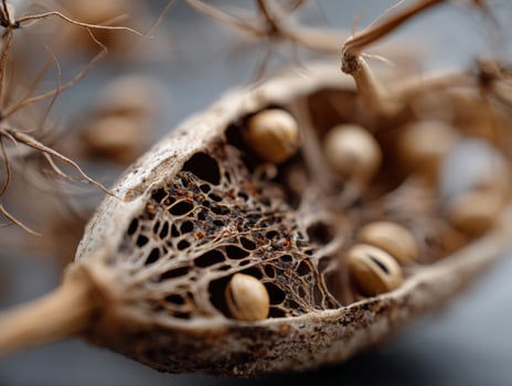 Dry, intricate seed pod with lace-like texture in close-up, revealing small round seeds inside. Branch-like structures extend from the pod, creating an organic, earthy composition photo