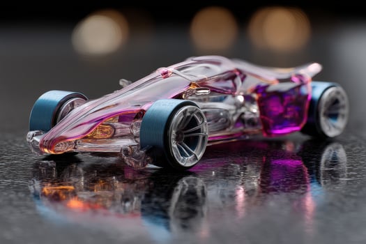 Transparent toy car with sleek design, pink and blue elements, reflecting on a polished surface. The blurred lights in the background add a dynamic effect to the composition photo