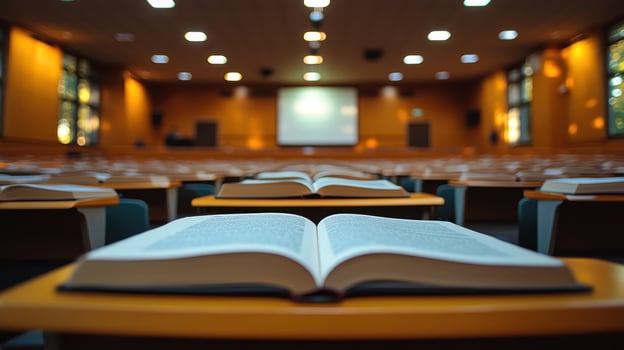 An open book is sitting on a desk in a lecture hall photo