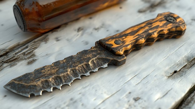 A knife with a handle and a bottle photo