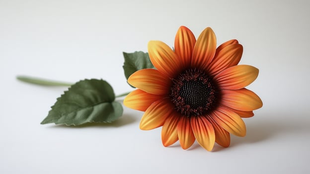 A single orange sunflower with leaves on a white background photo