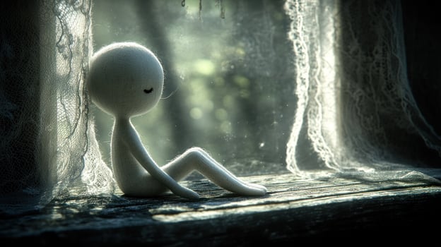A small doll sitting on a window sill photo