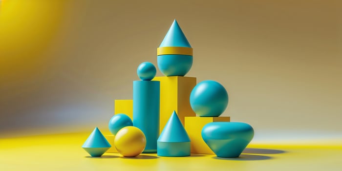 Colorful geometric shapes arranged creatively on a vibrant yellow background for art and design exploration photo