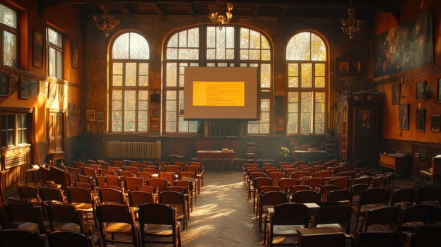A large room with many chairs and a projector screen photo