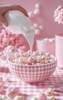 A person is pouring milk into a bowl of popcorn photo