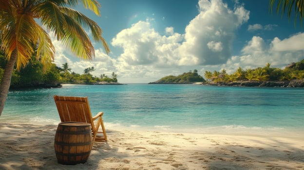 A wooden chair and barrel on the beach with palm trees photo