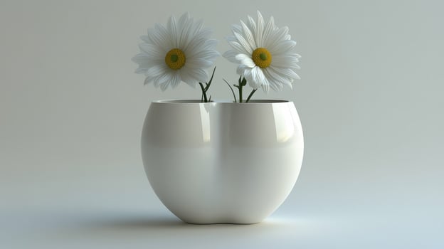 A white vase with two daisies in it photo