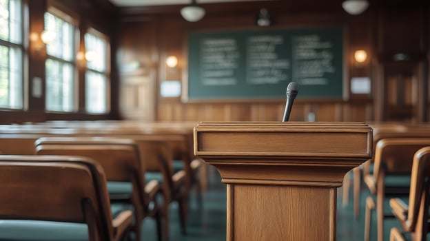 A microphone is placed in front of a podium in a classroom photo