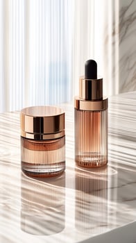 Luxurious Skincare Elegant Serum and Cream Bottles on Marble Surface. Premium Beauty Product Photography, Clean and Minimalist Aesthetic. High end Cosmetic Packaging Design. photo
