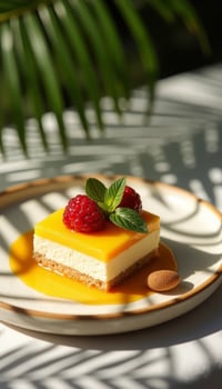 Delicious dessert featuring a creamy cheesecake square topped with vibrant mango glaze, fresh raspberries, and mint leaves, elegantly presented on a white plate with natural light photo