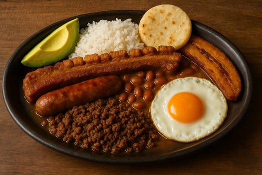A plate of food with beans, rice, eggs, and meat photo