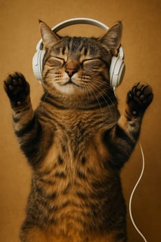 A cat wearing headphones and standing up photo