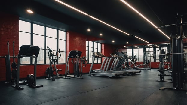 A gym room with red walls and black floors photo