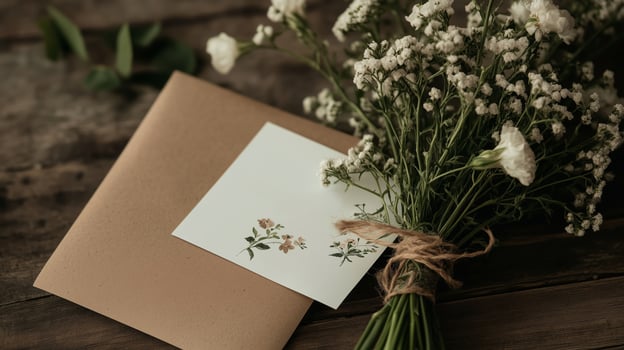 Beautiful bouquet of small white flowers with a note resting on a wooden table in a cozy setting photo