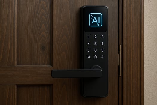 An electronic keypad on a wooden door photo