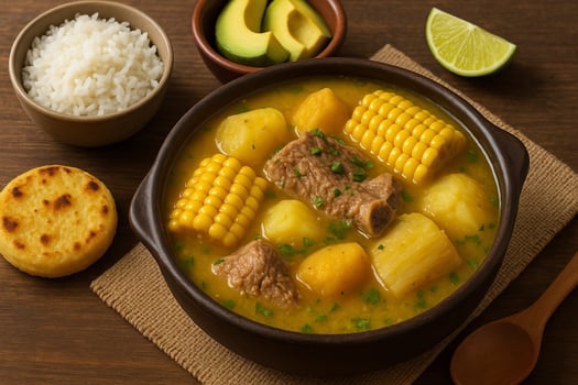 A bowl of stew with corn, potatoes and avocado on a wooden table photo