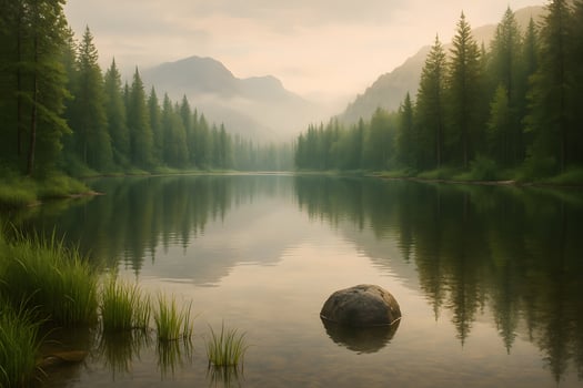 A lake surrounded by trees and mountains photo
