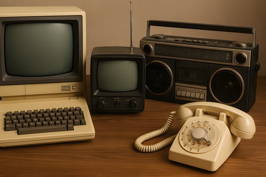 An old fashioned telephone, a radio, and a computer photo