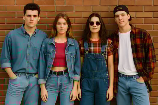 Four young people standing next to a brick wall photo