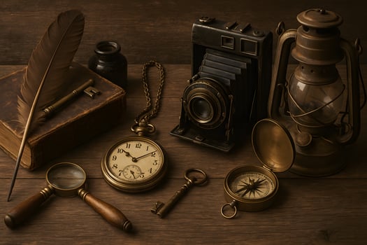 Antique objects on a wooden table photo
