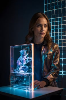 A woman holding a glass box with a holographic image photo