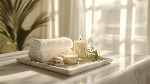 Serene spa setting with candles and rolled towels on a sunlit marble table for a relaxing and inviting ambiance in a tranquil elegance. Spa accessory composition set in spa hotel photo