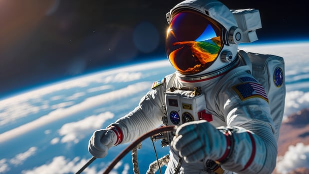 An astronaut in space with a rope photo