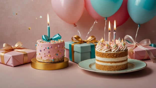 Festive birthday celebration with cakes, colorful balloons, and wrapped gifts in a joyful setting photo