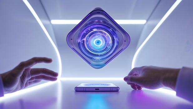 Hands reaching for a phone with a futuristic design photo