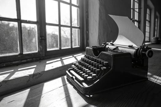 A classic black and white image features a vintage typewriter by a sunlit window. photo