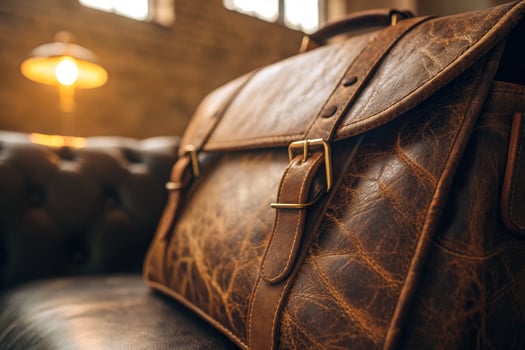 A close-up view reveals the rich texture of a vintage brown leather briefcase on a sofa. photo