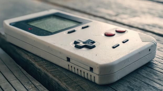 A close-up shot of a classic, handheld Game Boy console on a wooden surface shows detail. photo