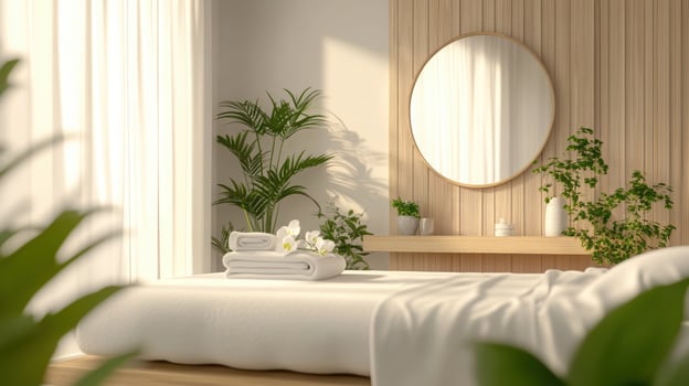 Serene spa room with fresh white towels, vibrant green plants, and a sunlit circular mirror for ultimate relaxation and tranquility. Spa accessory composition set in spa hotel photo