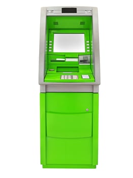 Green ATM, blank white screen for text entry, on white background. photo
