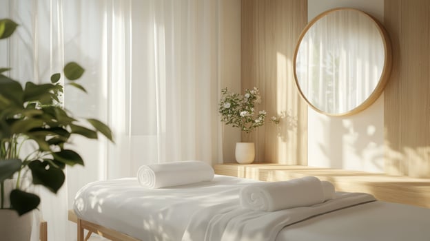 Minimalist spa room with soft natural light featuring rolled towels and lush greenery for a serene relaxation experience. Spa accessory composition set in spa hotel photo