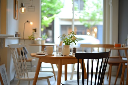A table with chairs and a vase of flowers photo