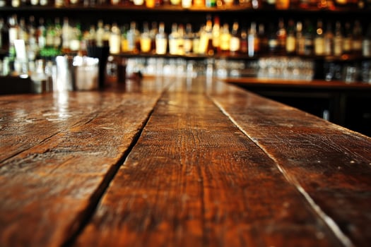 A wooden bar counter with many bottles of alcohol photo