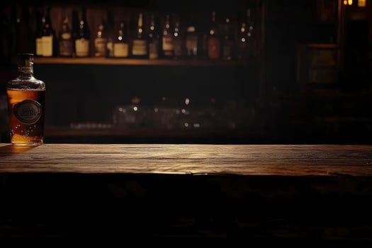 A bottle of whiskey sits on a wooden table photo