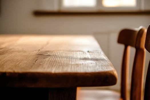 A wooden table and two chairs in front of a window photo