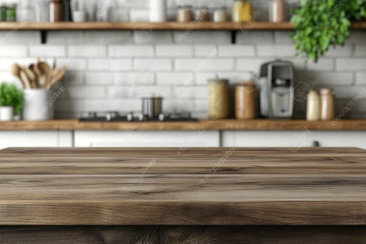 Wooden table top in kitchen with white brick wall photo