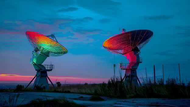 Colorful Satellite Dishes Against a Twilight Sky in Remote Location photo