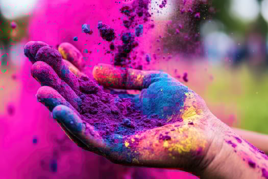 A person holding a colorful powder in their hand photo