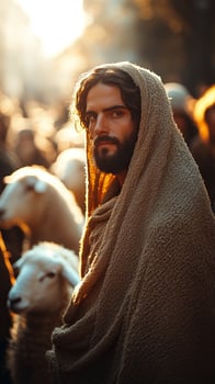 A Shepherds Gaze A Captivating Portrait of a Man Cloaked in Humble Garments, Evoking a Sense of Spirituality and Faith. The Golden photo