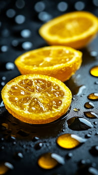 A captivating shot showcasing three vibrant orange slices, glistening with water droplets against a dark background. The images c photo
